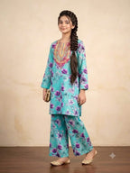 Front Embroidery Light Aqua 2Pcs Suit Girls