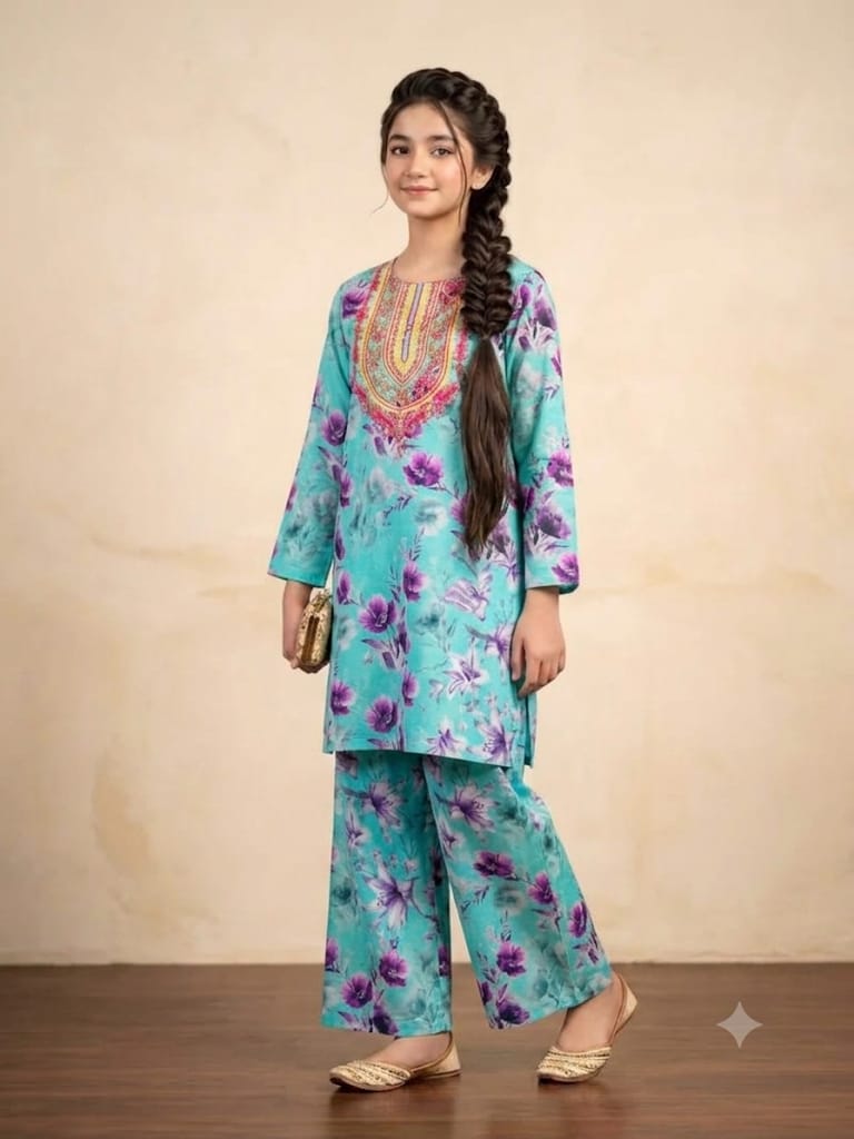 Front Embroidery Light Aqua 2Pcs Suit Girls ( R-314 N )