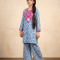 Front Embroidery Blue Flower White 2Pcs Suit Girls ( R-394 )