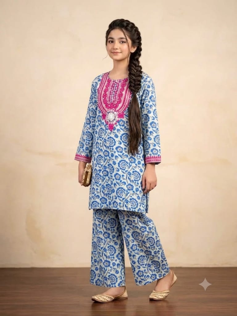 Front Embroidery Blue Flower White 2Pcs Suit Girls ( R-394 )