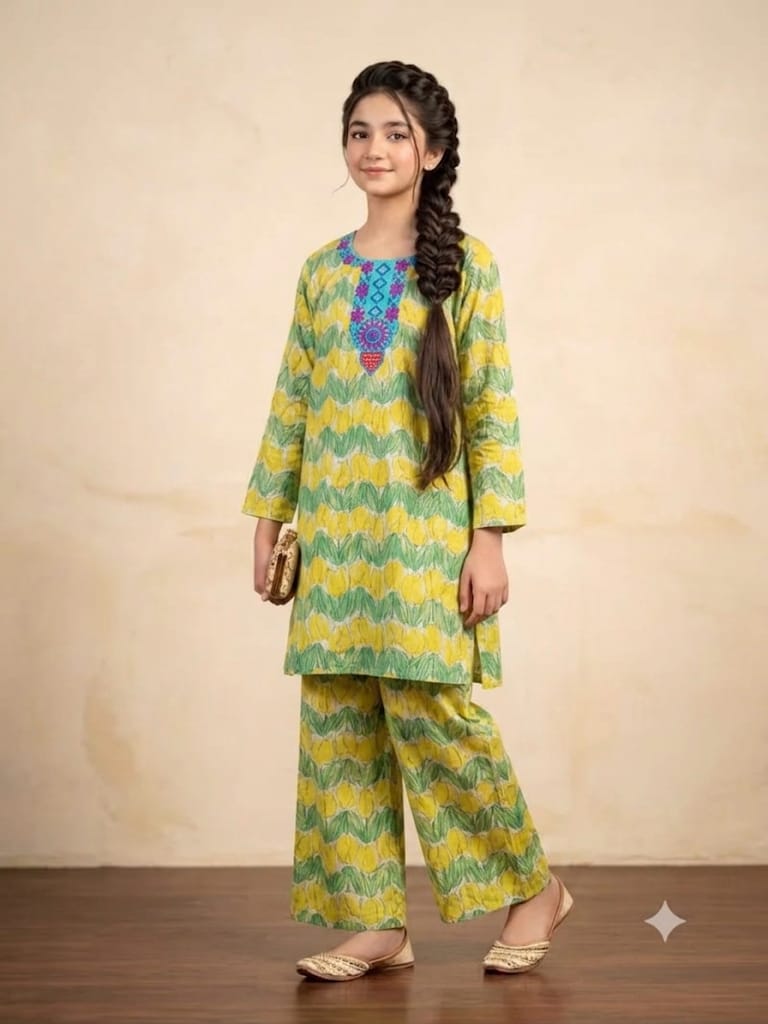 Front Embroidery Lemon Yellow 2 Pcs Suit Girls ( R-3 )