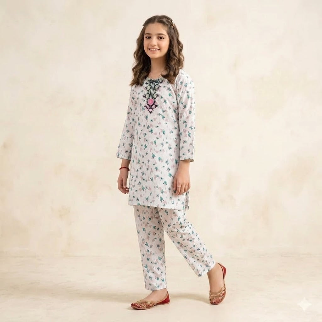 Front Embroidery Floral Baby Pink  2Pcs Suit Girls (R-394)