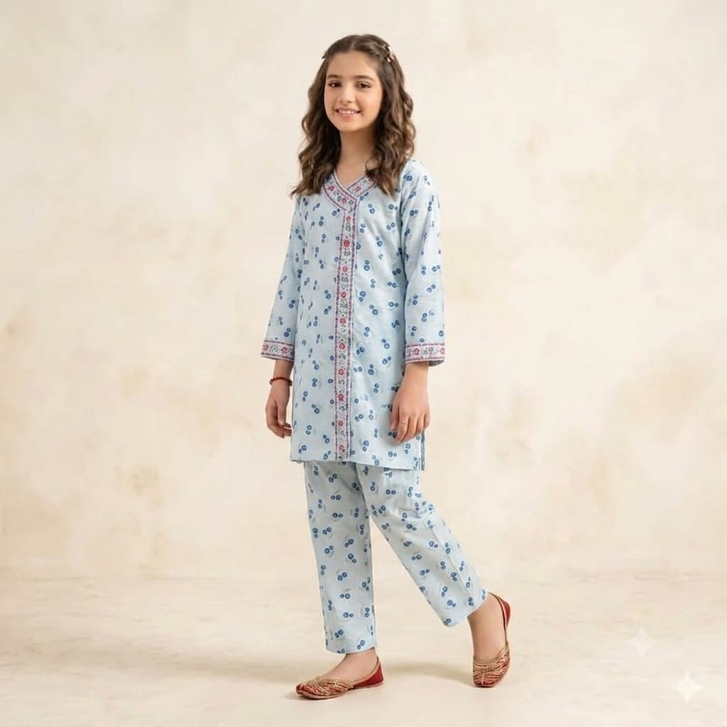Front Embroidery Blue Cherry 2Pcs Suit Girls ( R-340 )