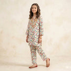 Front Embroidery Multi Print White 2Pcs Suit Girls