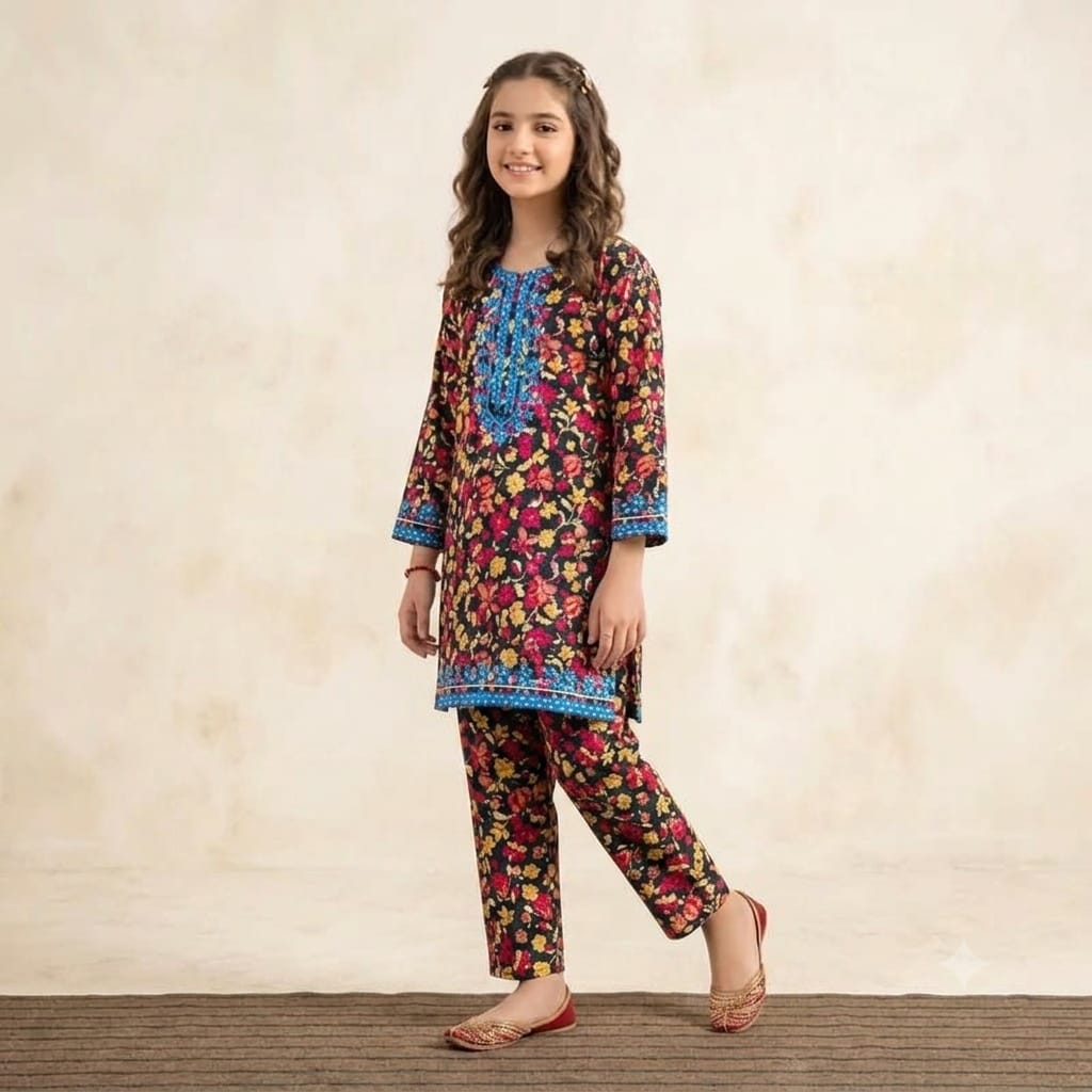 Front Embroidery Black Multi Flower 2Pcs Suit Girls ( R-340 )