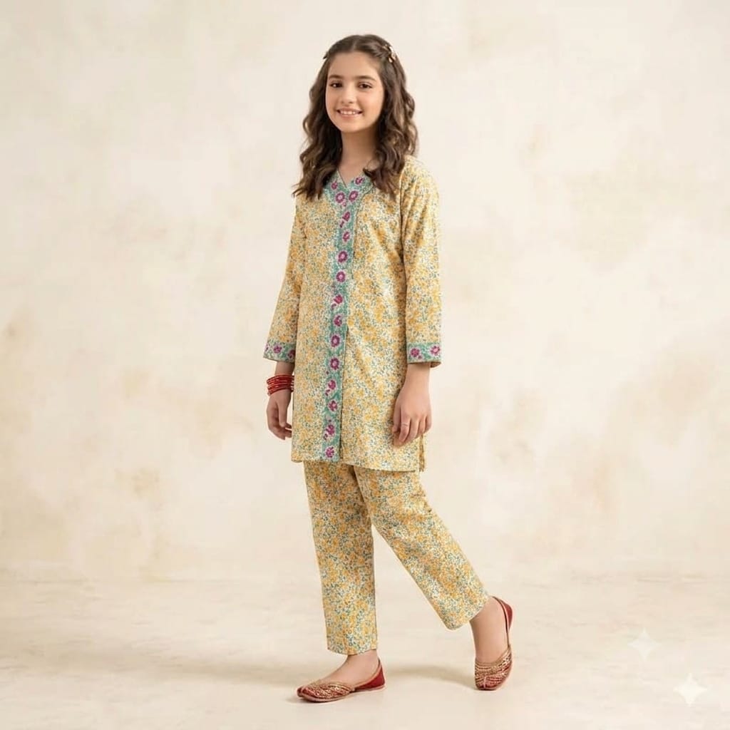 Front Embroidery Mustard Yellow 2pcs Suit Girl