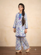 Front Embroidery Purple Flower White 2Pcs Suit Girls