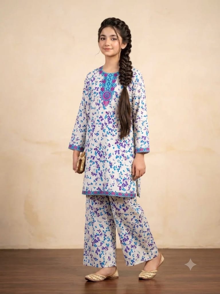 Front Embroidery Purple Flower White 2Pcs Suit Girls
