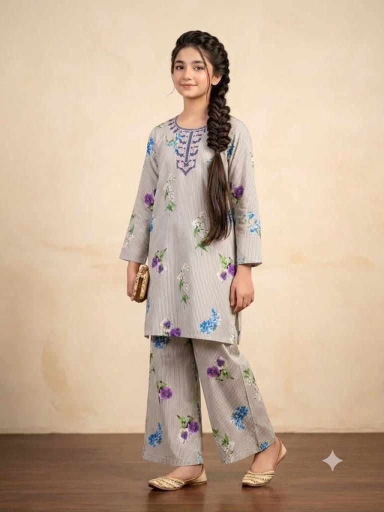 Front Embroidery Black Stripes 2Pcs Suit Girls (R-340)