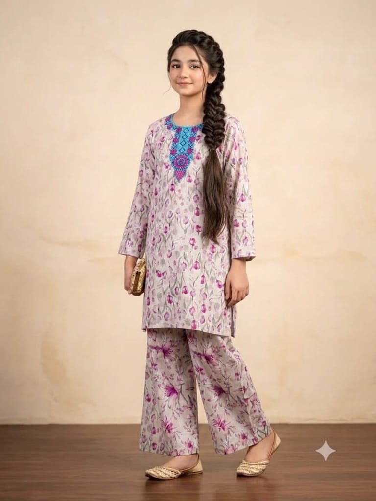 Front Embroidery Tulip Flower White 2Pcs Suit Girls