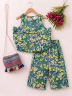 Yellow Grey Flower Sleeveless Green Pair Girls (R-137)