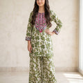 Front Embroidery Green Leaves Off-White 2Pcs Suit Girls (R-340)