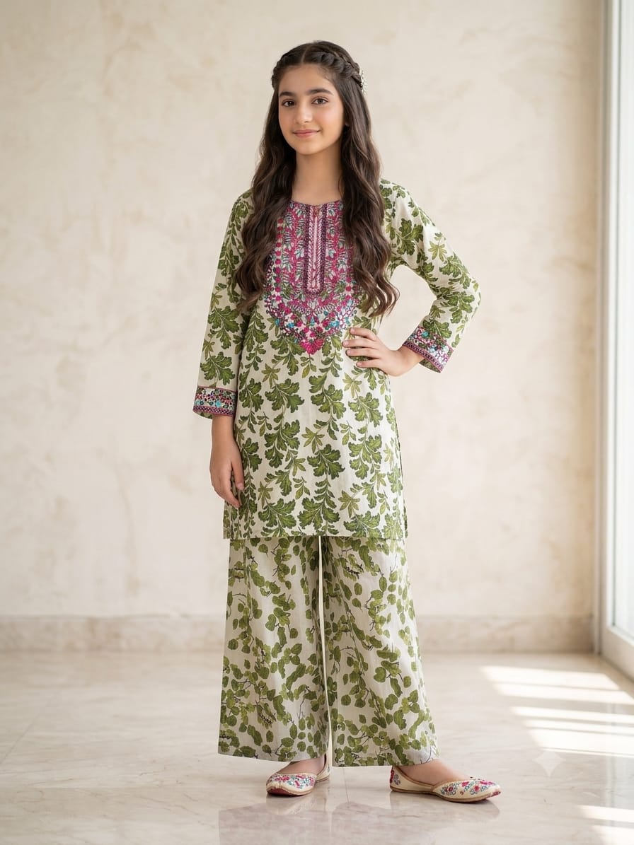 Front Embroidery Green Leaves Off-White 2Pcs Suit Girls (R-340)