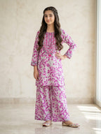 Front Embroidery Leaves Gray 2Pcs Suit Girls (R-340)