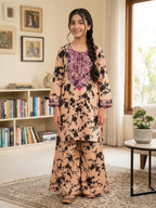 Front Embroidery Black Flower Skin 2Pcs Suit Girls (R-340)