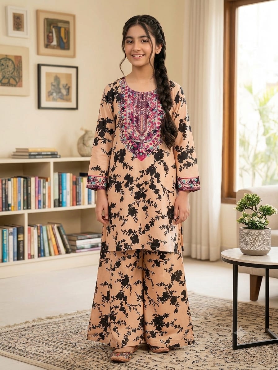 Front Embroidery Black Flower Skin 2Pcs Suit Girls (R-340 ,394)
