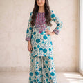 Front Embroidery Blue Flower Off-White 2Pcs Suit Girls (R-58,513)