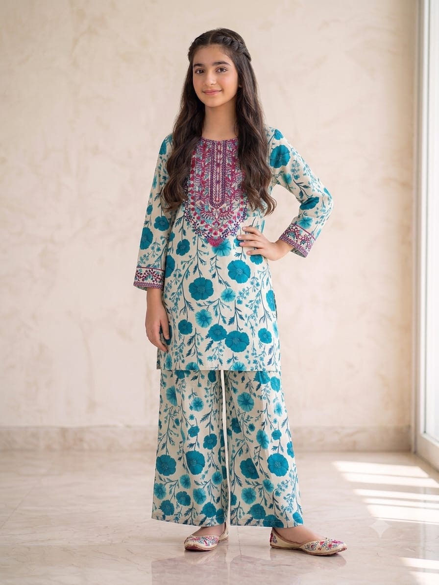 Front Embroidery Blue Flower Off-White 2Pcs Suit Girls (R-58,513)