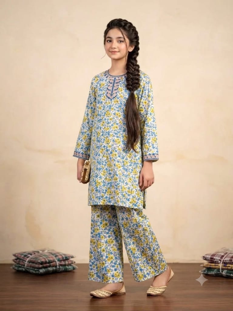 Front Embroidery Multi Flower White 2Pcs Suit Girls