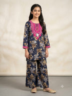 Front Embroidery Brown Flower Navy 2Pcs Suit Girls (R-198)