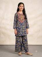 Front Embroidery Yellow Flower Royal Blue 2Pcs Suit Girls