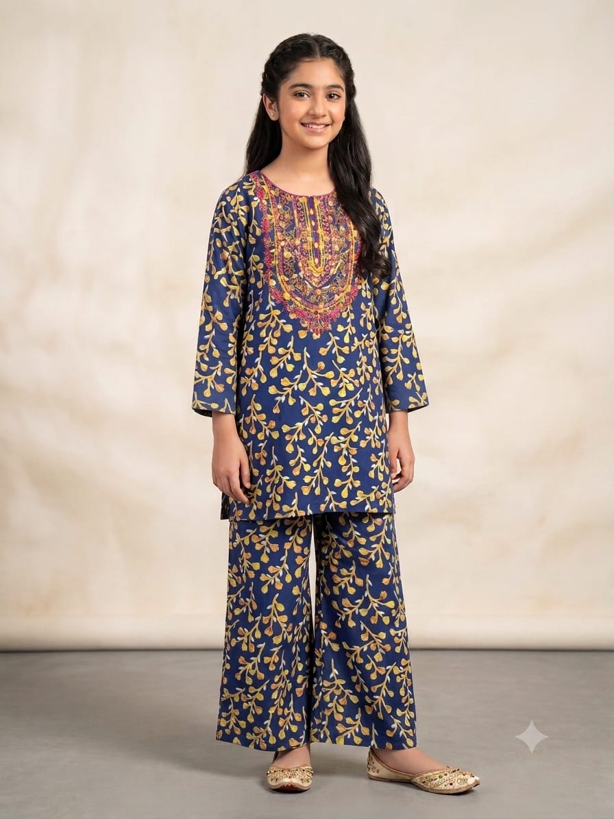 Front Embroidery Yellow Flower Royal Blue 2Pcs Suit Girls ( R-363 )