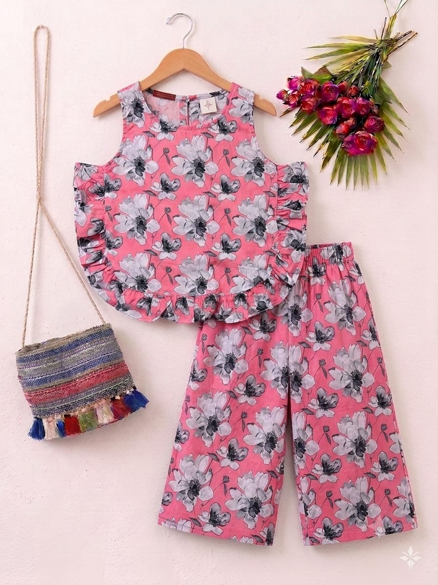 Grey Flower Sleeveless Pink Pair Girls ( R-533 )