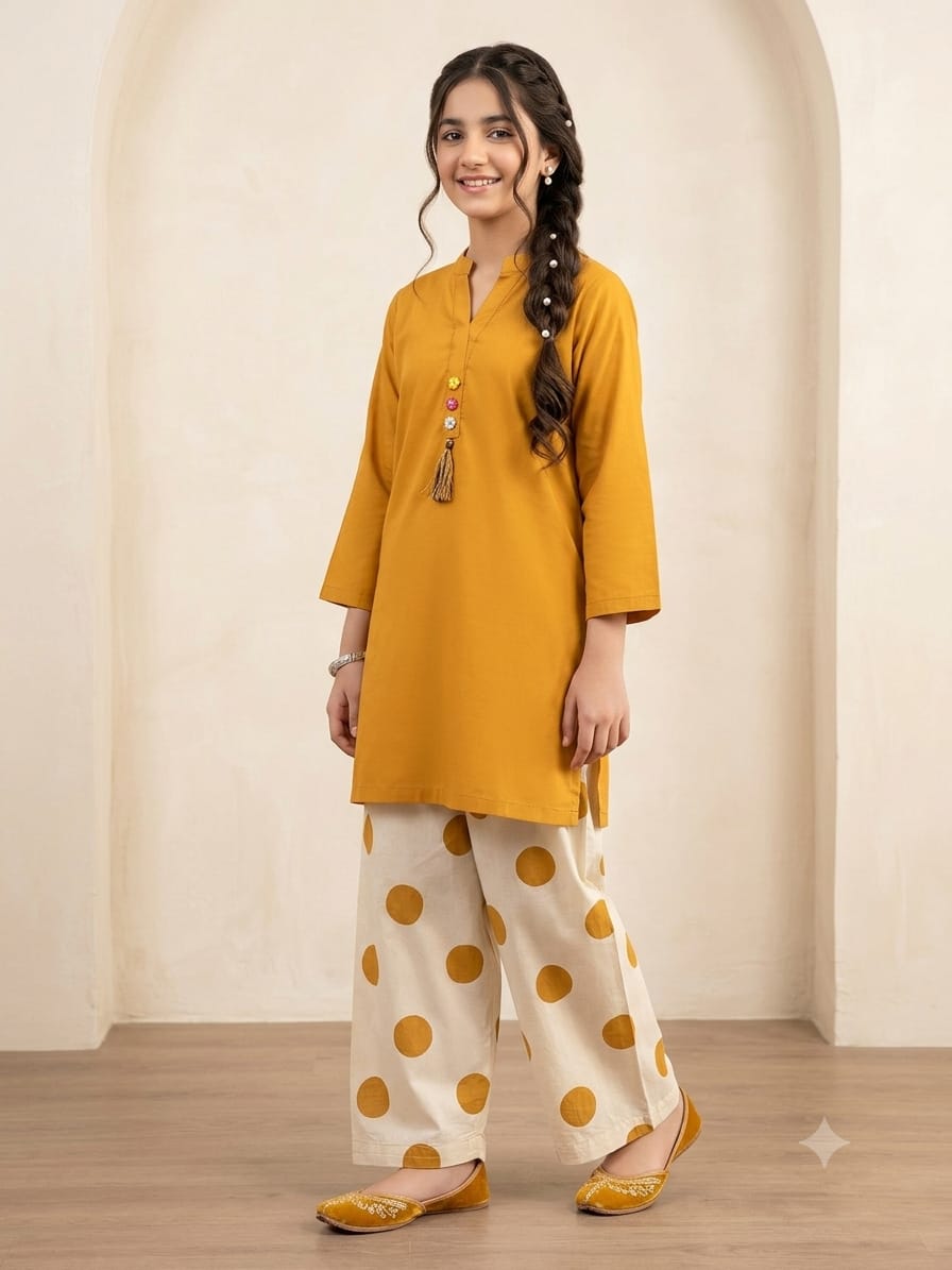 Simple Mustard With Farshi Shalwar 2 Pcs Suit Girls ( R-106 )