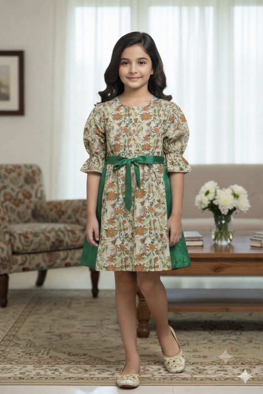 Brown Flower All Over Print Cream Frock Girls