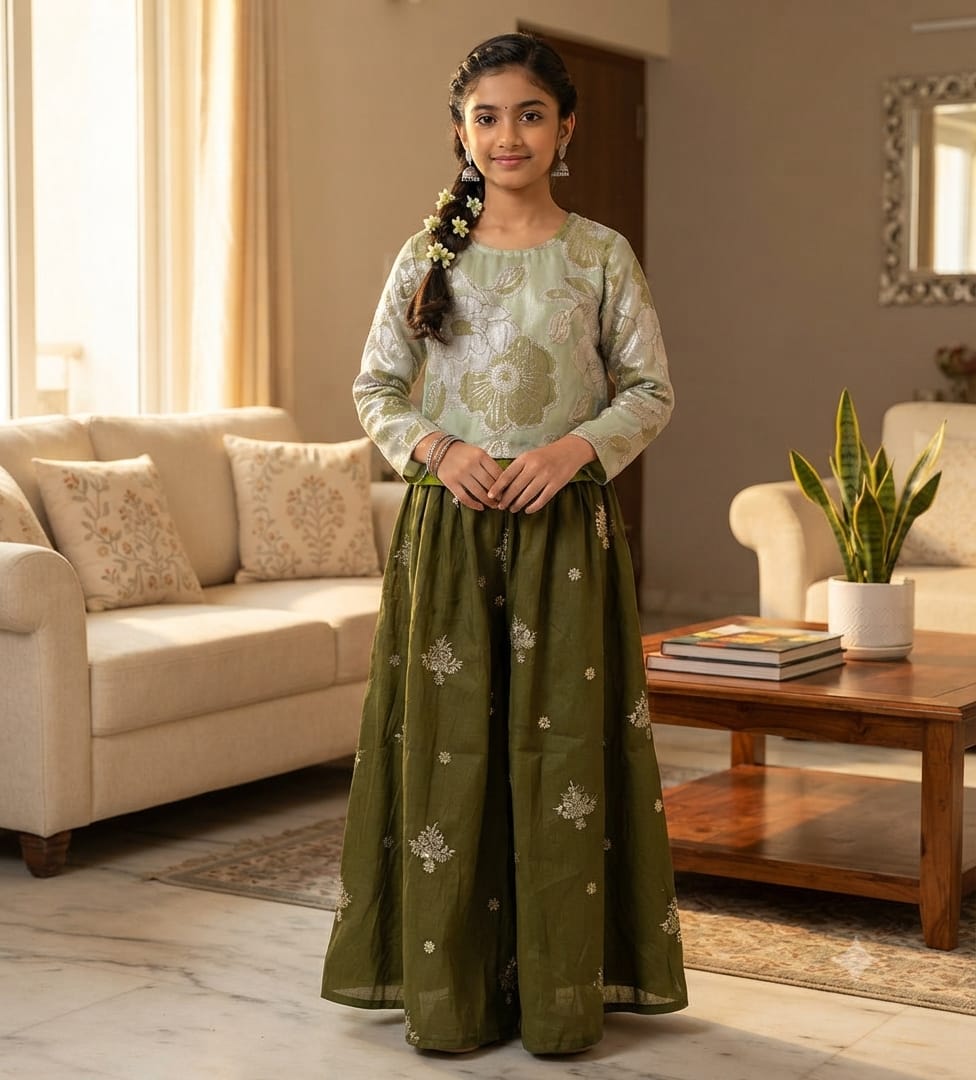 Fancy Dark Mehndi Suit – Girls