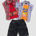 Boys 3-Pieces Set: 1 Denim Short & 2 Random Double Casual Shirts