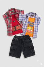 Boys 3-Pieces Set: 1 Denim Short & 2 Random Double Casual Shirts