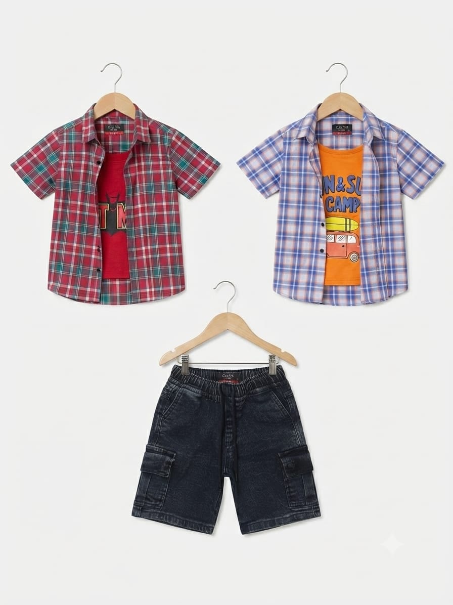 Boys 3-Pieces Set: 1 Denim Short & 2 Random Double Casual Shirts