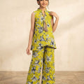 Grey Flowers Print Yellow Angrakha Style Pairs Girls