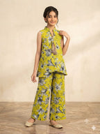 Grey Flowers Print Yellow Angrakha Style Pairs Girls
