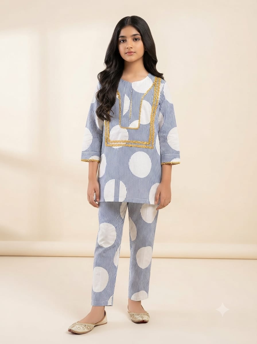 White Circle Print Grey Suit-Girls