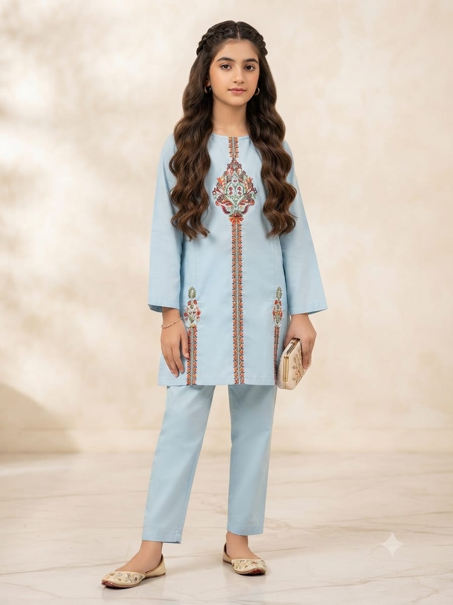 Three Line Embroidery Sky Suit-Girl