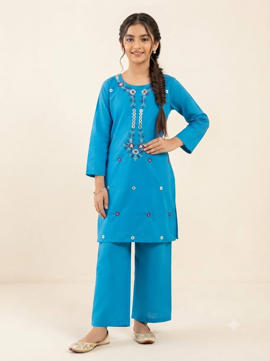 Embroidery All Over Print Sky Suit Girls