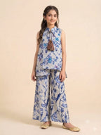 Sky Flowers Print White Suit- Girls