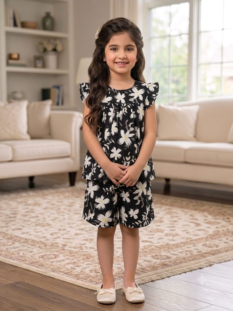 White Sun Flower Black Frock & Short Girls
