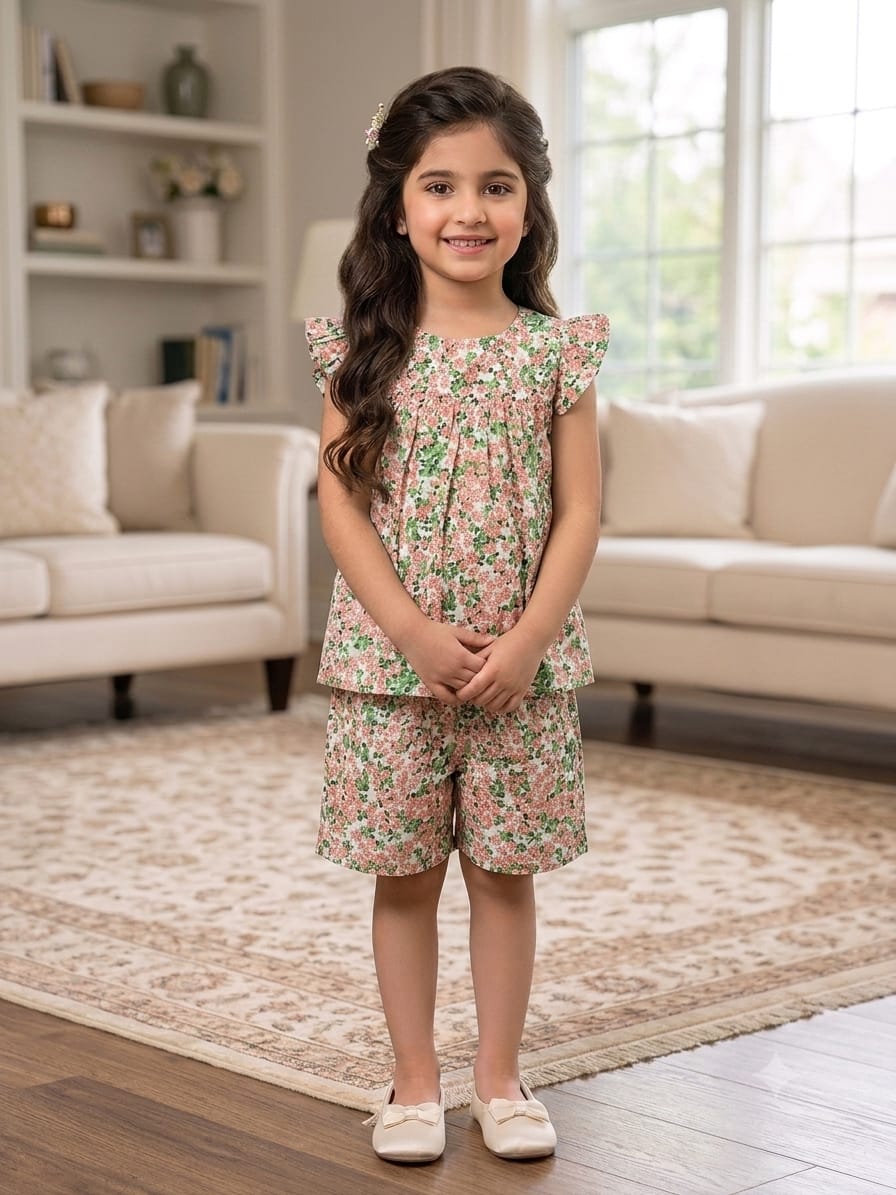 Peach Parrot Flower White Frock & Short Girls