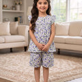 Blue Shade Flower White Frock & Short Girls