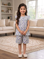 Blue Shade Flower White Frock & Short Girls