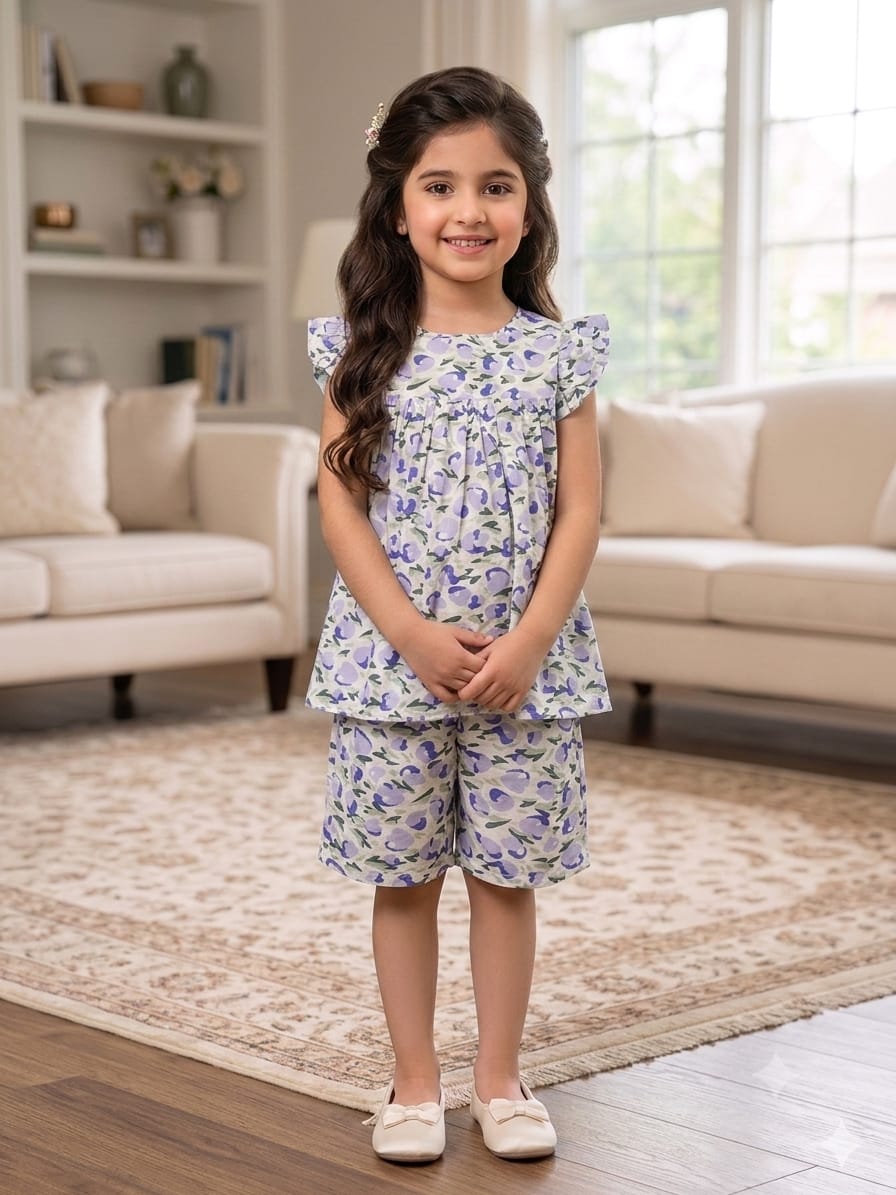 Blue Shade Flower White Frock & Short Girls