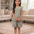 Yellow Blue Flower White Frock & Short Girls (R-340)