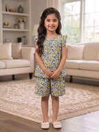 Yellow Blue Flower White Frock & Short Girls