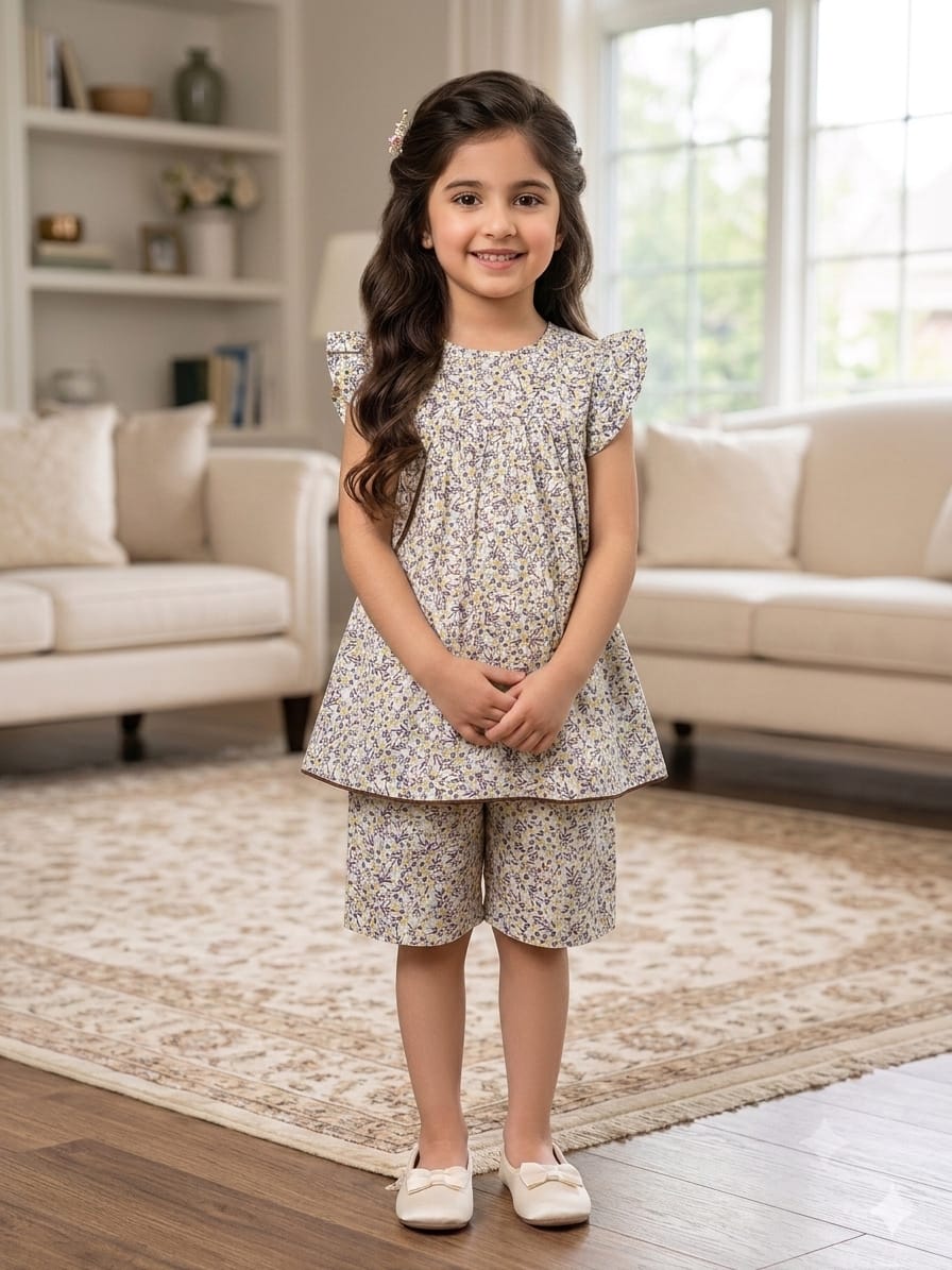 Cherry Print White Frock & Short Girls