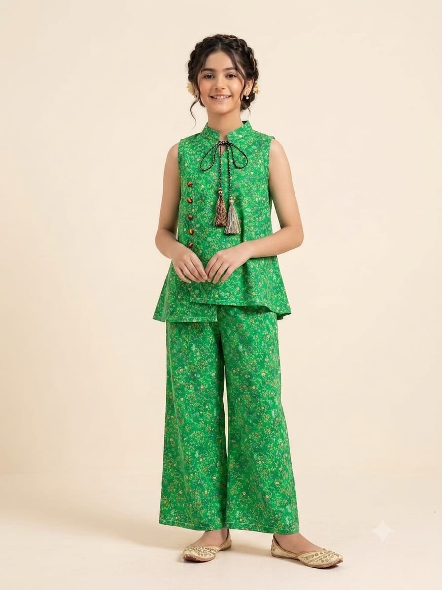 White Dots Print Green Angrakha Style Pairs Girls