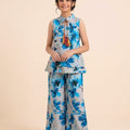 Sky Flowers Print Grey Angrakha Style Suit- Girls
