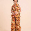 Brown Flowers Print Skin Angrakha Style Suit- Girls ( R-533 )
